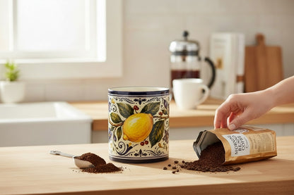 Ceramic Kitchen Jar Italian Design, 11 oz Storage Canister with Wood Lid