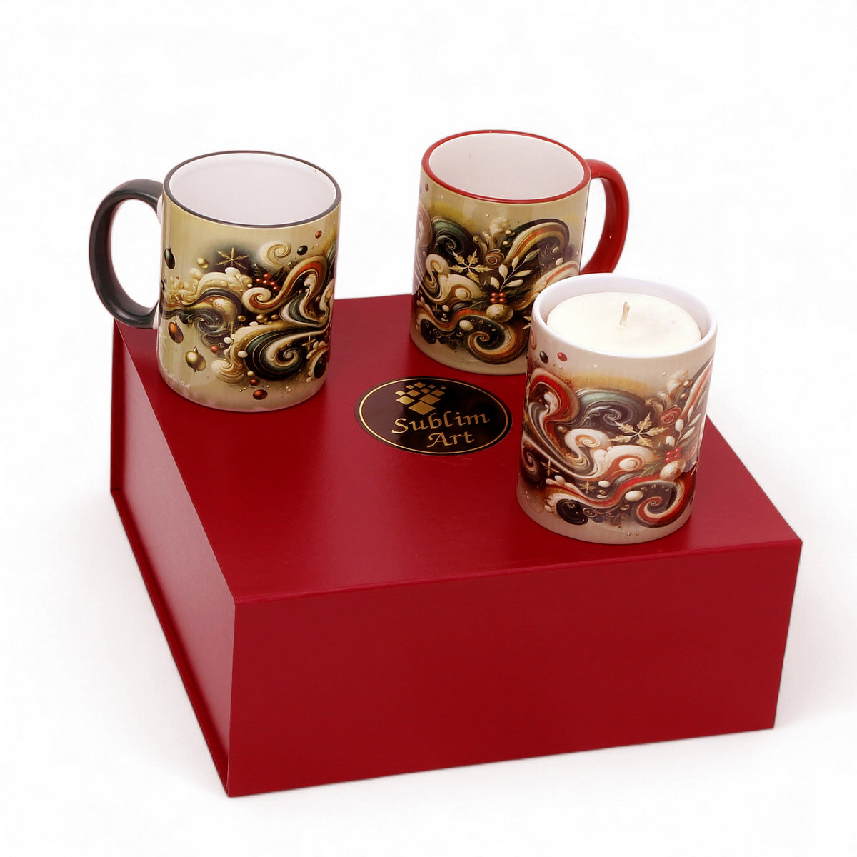 SUBLIMART: Christmas Boxed Bundle - 2 Mugs (Red+Green) + 1 Canlde – Fluid Wave Design by RC Designs (Pattern #01)