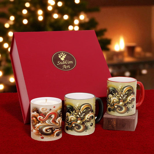 SUBLIMART: Christmas Boxed Bundle - 2 Mugs (Red+Green) + 1 Canlde – Fluid Wave Design by RC Designs (Pattern #01)