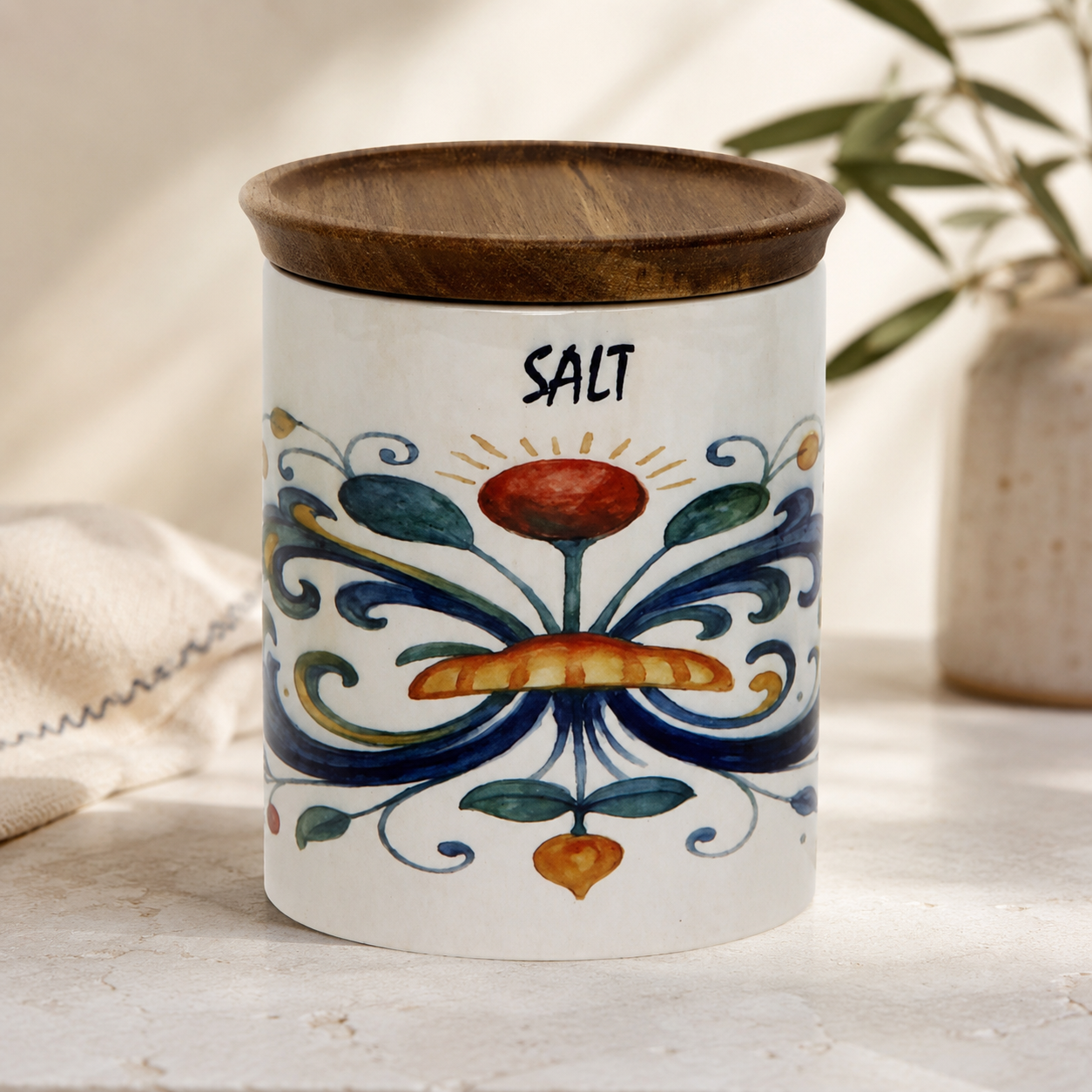 RICCO ITALIA DERUTA: Small Canister with Air Tight Wood Lid 'SALT' or 'SALE' script -  by Mario Bruno Designs