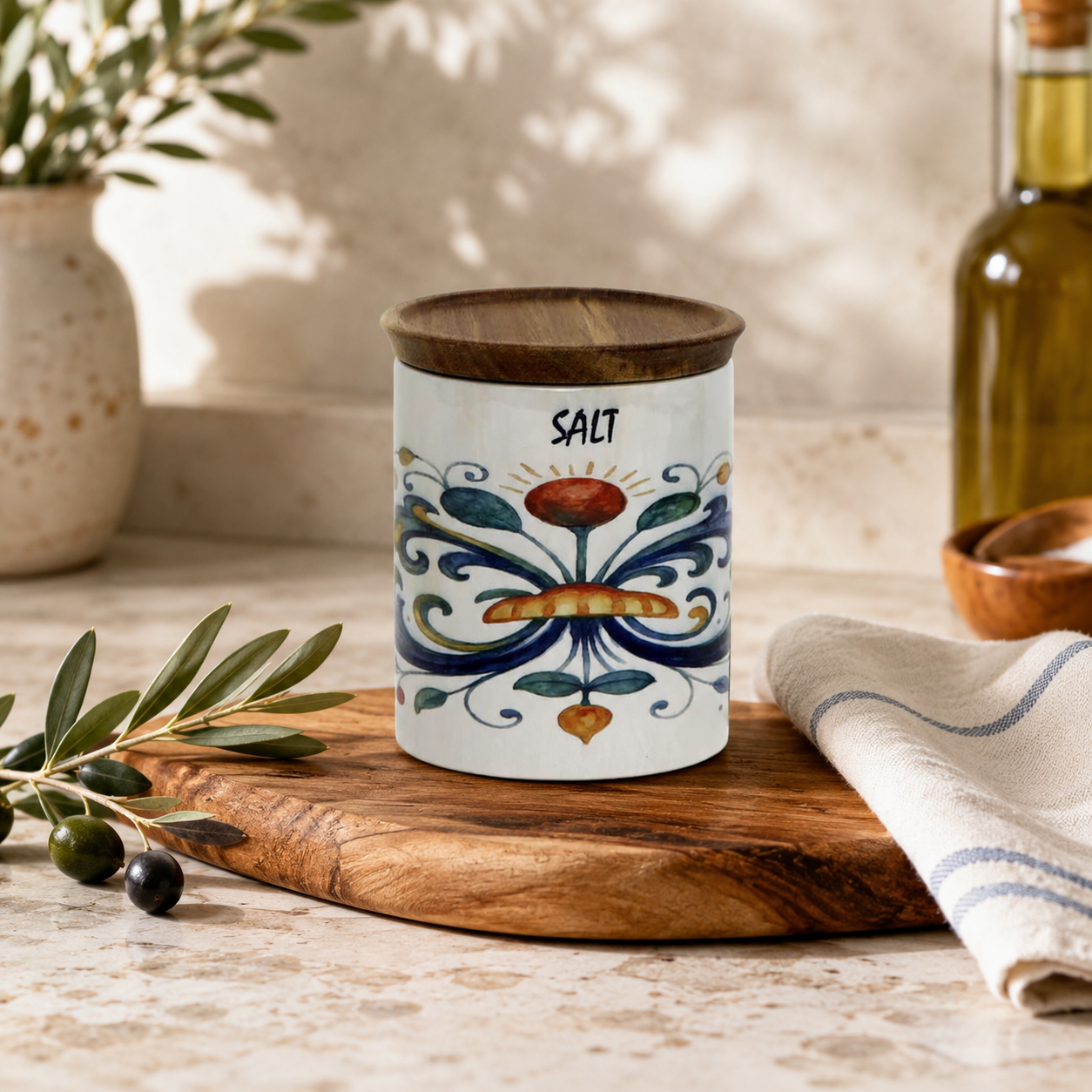 RICCO ITALIA DERUTA: Small Canister with Air Tight Wood Lid 'SALT' or 'SALE' script -  by Mario Bruno Designs