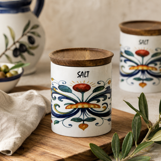RICCO ITALIA DERUTA: Small Canister with Air Tight Wood Lid 'SALT' or 'SALE' script -  by Mario Bruno Designs