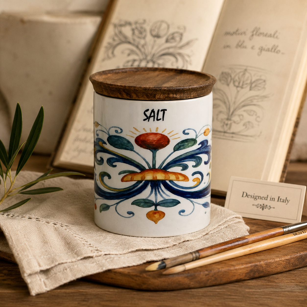 RICCO ITALIA DERUTA: Small Canister with Air Tight Wood Lid 'SALT' or 'SALE' script -  by Mario Bruno Designs