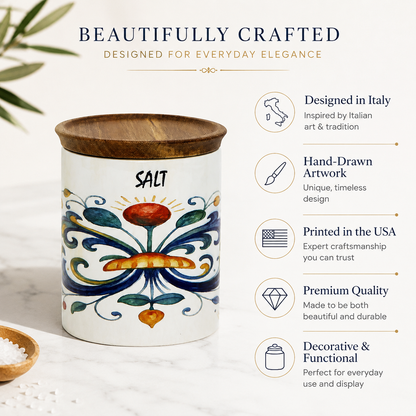 RICCO ITALIA DERUTA: Small Canister with Air Tight Wood Lid 'SALT' or 'SALE' script -  by Mario Bruno Designs