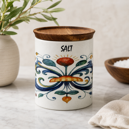 RICCO ITALIA DERUTA: Small Canister with Air Tight Wood Lid 'SALT' or 'SALE' script -  by Mario Bruno Designs