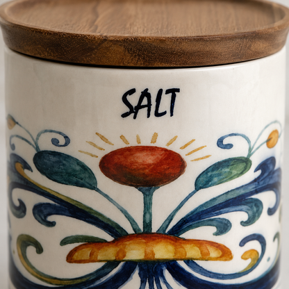 RICCO ITALIA DERUTA: Small Canister with Air Tight Wood Lid 'SALT' or 'SALE' script -  by Mario Bruno Designs