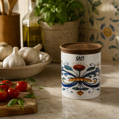 RICCO ITALIA DERUTA: Small Canister with Air Tight Wood Lid 'SALT' or 'SALE' script -  by Mario Bruno Designs