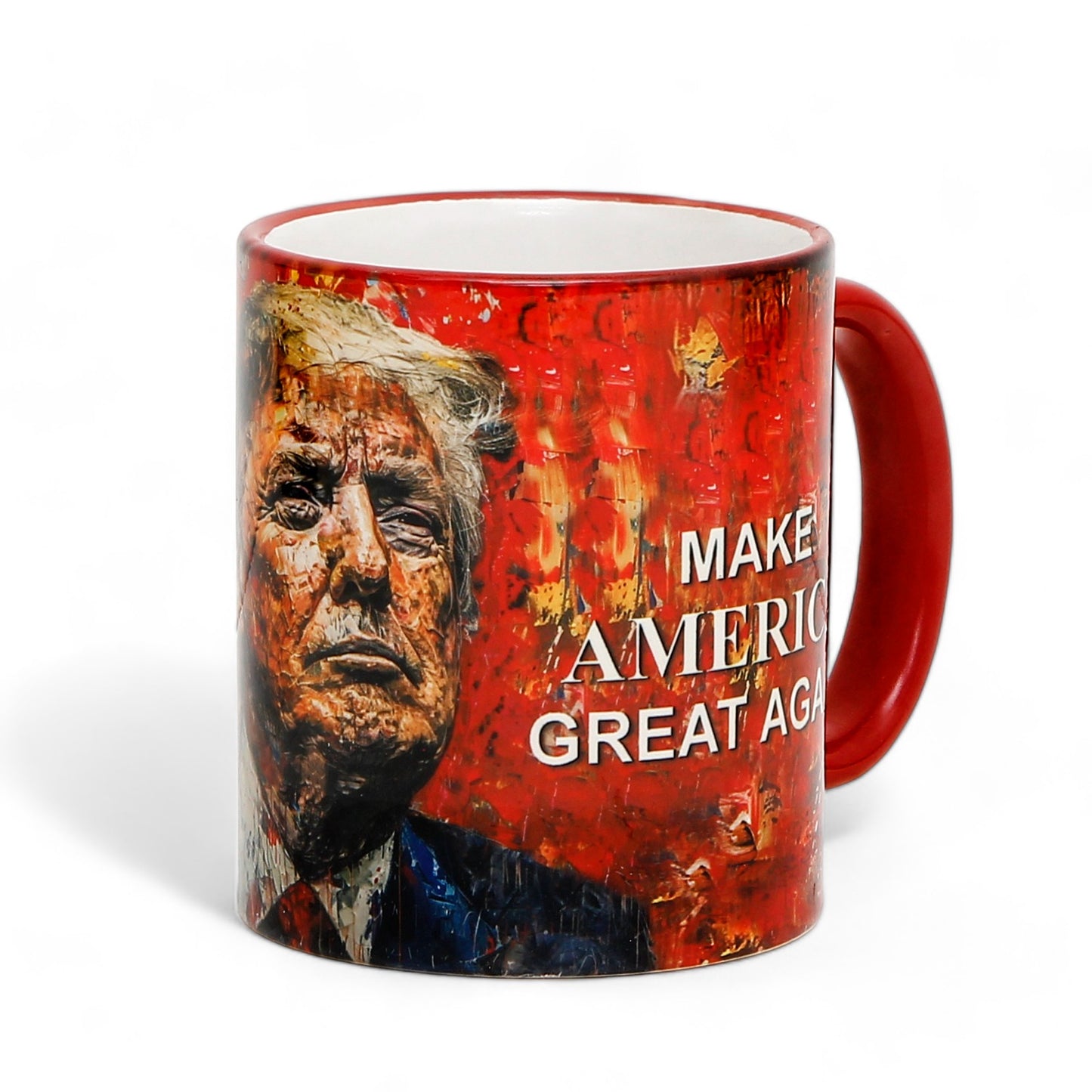 Luxury President Trump portrait mug with "MAKE AMERICA GREAT AGAIN" slogan - Choose from White, Blue, or Red Handle+Rim (11 Oz)