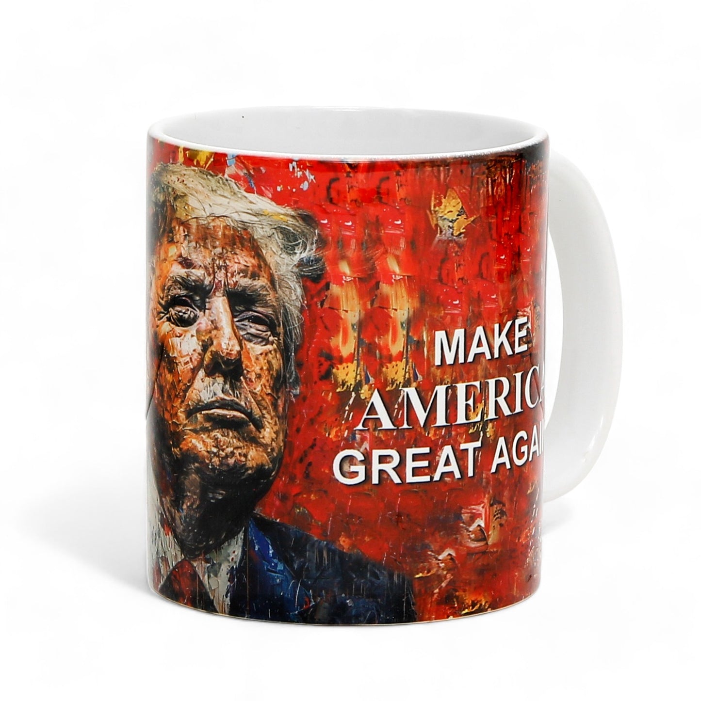 Luxury President Trump portrait mug with "MAKE AMERICA GREAT AGAIN" slogan - Choose from White, Blue, or Red Handle+Rim (11 Oz)