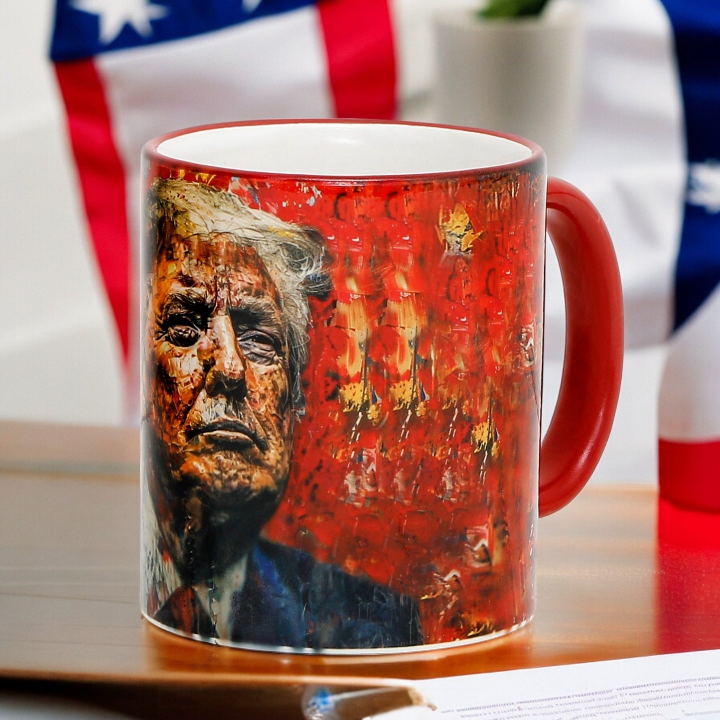 Luxury President Trump portrait mug with "MAKE AMERICA GREAT AGAIN" slogan - Choose from White, Blue, or Red Handle+Rim (11 Oz)