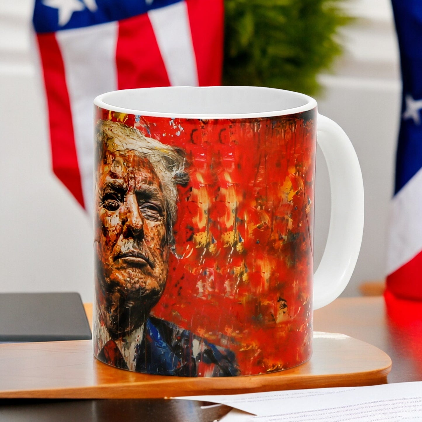 Luxury President Trump portrait mug - Choose from White, Blue, or Red Handle+Rim (11 Oz)