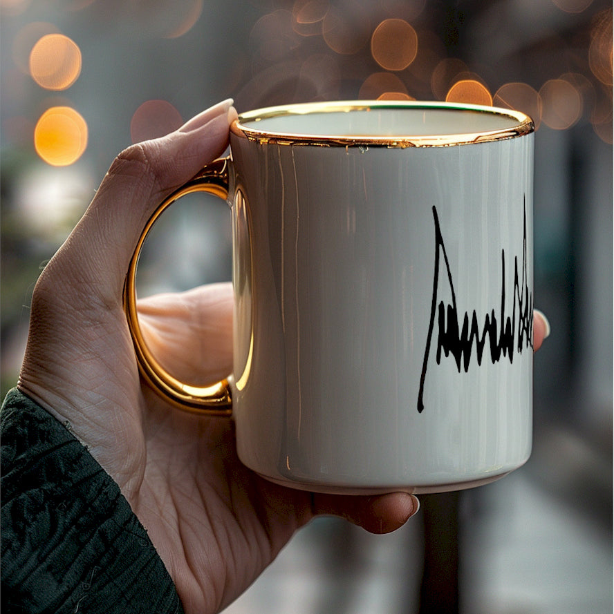 The ultimate Luxury Trump Signature Mug! A genuine Bone China Mug, featuring a gold handle and rim. (11 Oz)