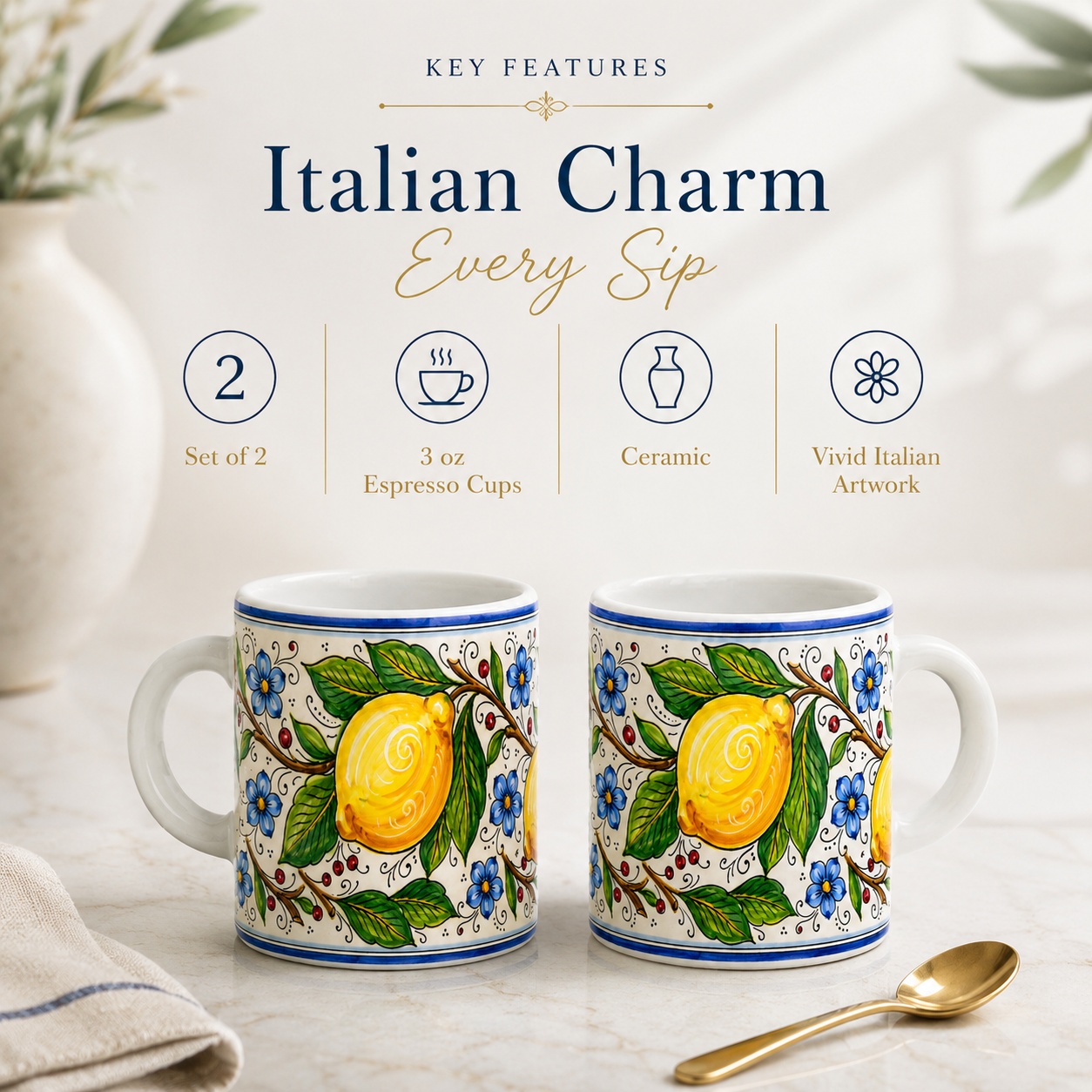 Tuscan Blue Lemon Ceramic Coffe cup