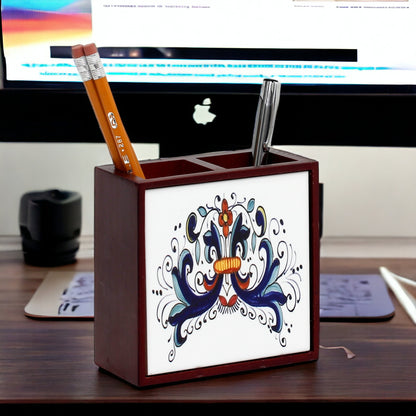 WOOD PENCIL HOLDER: Rosewood high quality pencil holder with decorative tile - Design Ricco Deruta