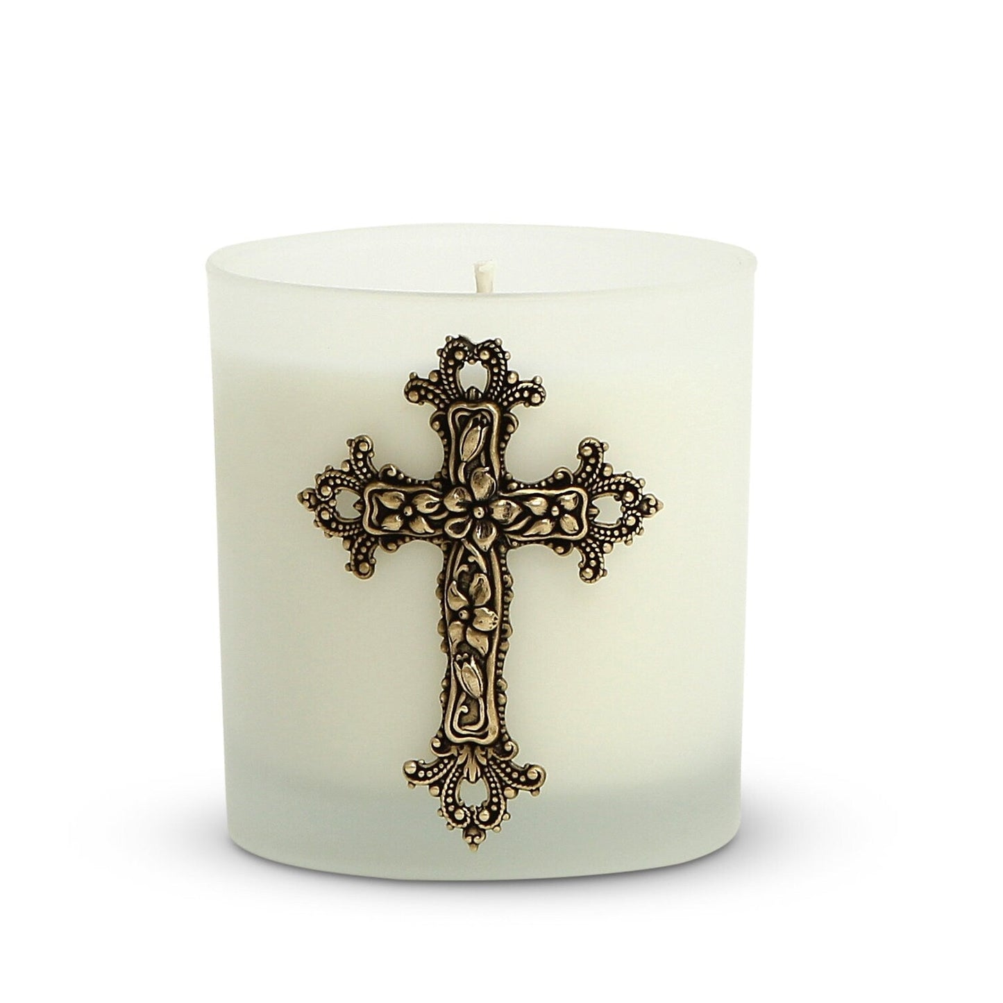 CHRISTIAN CANDLE: Round Frosted Glass Soy Wax Candle 8 oz with Brass Cross – Prayer Candle Gift