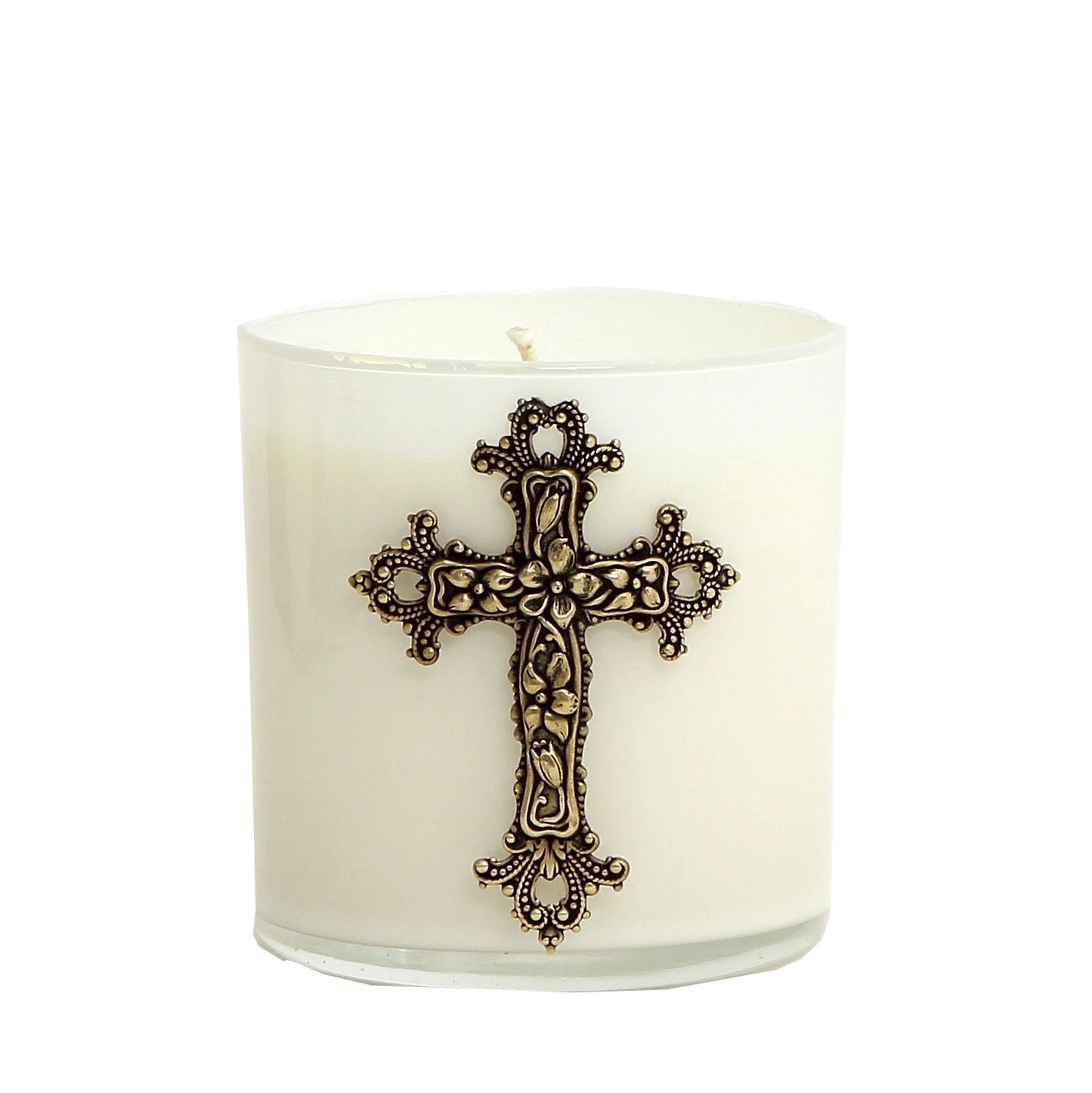 CHRISTIAN CANDLE: White Glass Round Soy Wax Candle with Metal Cross – 10 oz Christian Candle View #3 - Sublimation USA