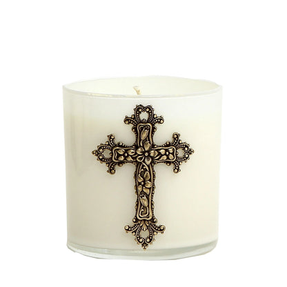 CHRISTIAN CANDLE: White Glass Round Soy Wax Candle with Metal Cross – 10 oz Christian Candle View #3 - Sublimation USA