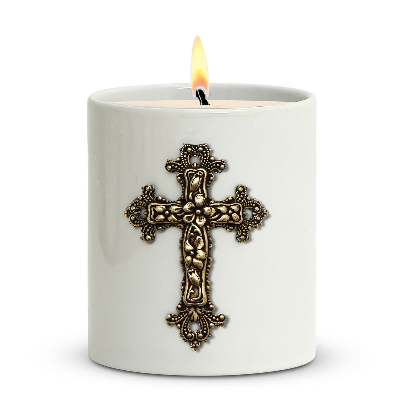 CHRISTIAN CANDLE: Porcelain Soy Wax Candle 11 oz with Silver or Brass Cross – Prayer Card, Reusable, Gift Box - USA
