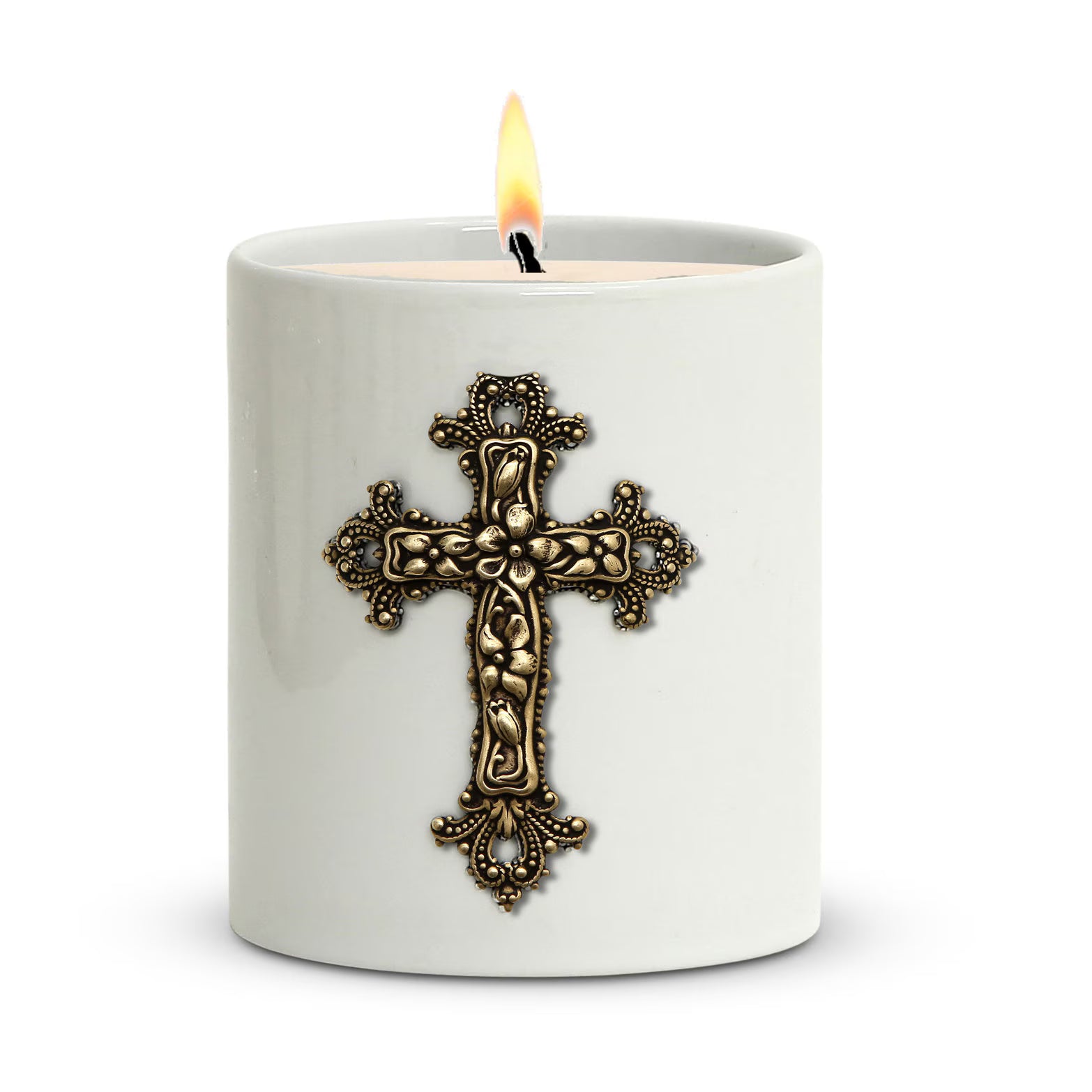 CHRISTIAN CANDLE: Porcelain Soy Wax Candle 11 oz with Silver or Brass Cross – Prayer Card, Reusable, Gift Box - USA