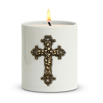 CHRISTIAN CANDLE: Porcelain Soy Wax Candle 11 oz with Silver or Brass Cross – Prayer Card, Reusable, Gift Box - USA