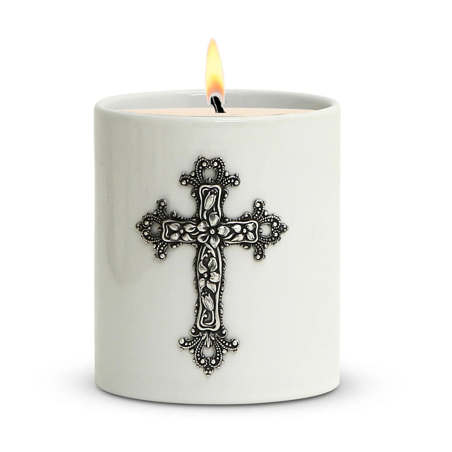 CHRISTIAN CANDLE: Porcelain Soy Wax Candle 11 oz with Silver or Brass Cross – Prayer Card, Reusable, Gift Box View #3 - USA