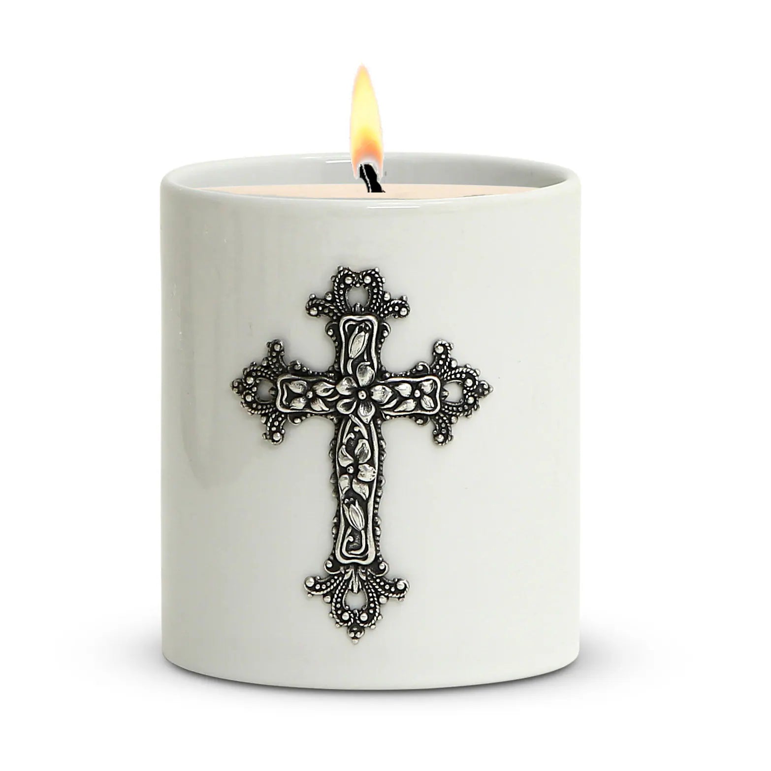 CHRISTIAN CANDLE: Porcelain Soy Wax Candle 11 oz with Silver or Brass Cross – Prayer Card, Reusable, Gift Box View #3 - USA