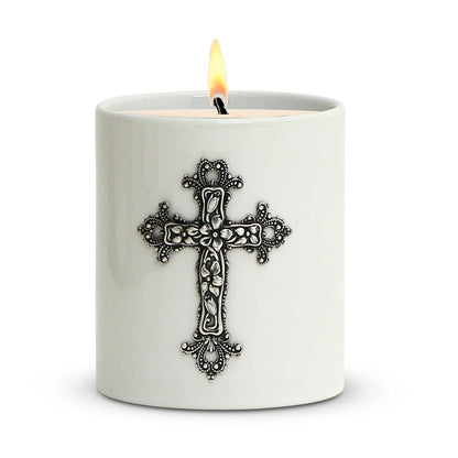 CHRISTIAN CANDLE: Porcelain Soy Wax Candle 11 oz with Silver or Brass Cross – Prayer Card, Reusable, Gift Box View #3 - USA