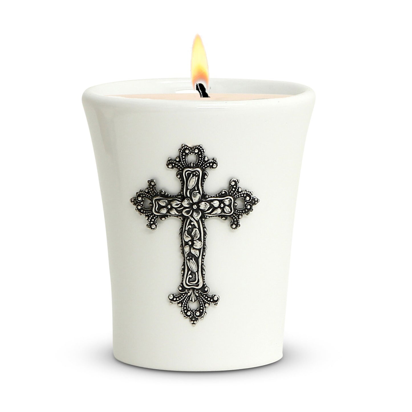 CHRISTIAN CANDLE: Deruta White Ceramic Flared Round Soy Wax Candle – 11 oz Soy Wax with Silver or Brass Cross