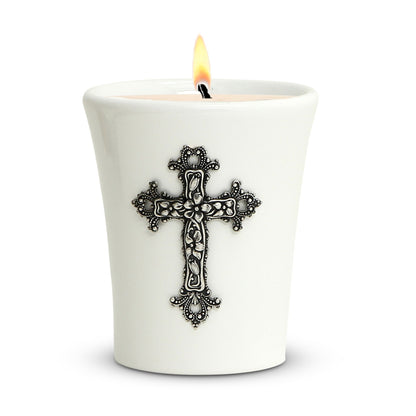 CHRISTIAN CANDLE: Deruta White Ceramic Flared Round Soy Wax Candle – 11 oz Soy Wax with Silver or Brass Cross