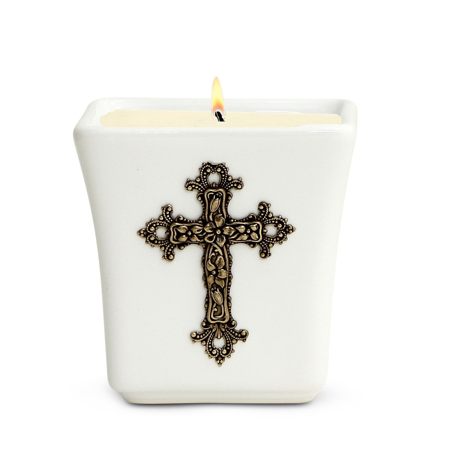 CHRISTIAN CANDLE: Deruta Ceramic Square with with Silver or Brass Cross 14 Oz