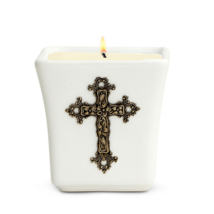 CHRISTIAN CANDLE: Deruta Ceramic Square with with Silver or Brass Cross 14 Oz