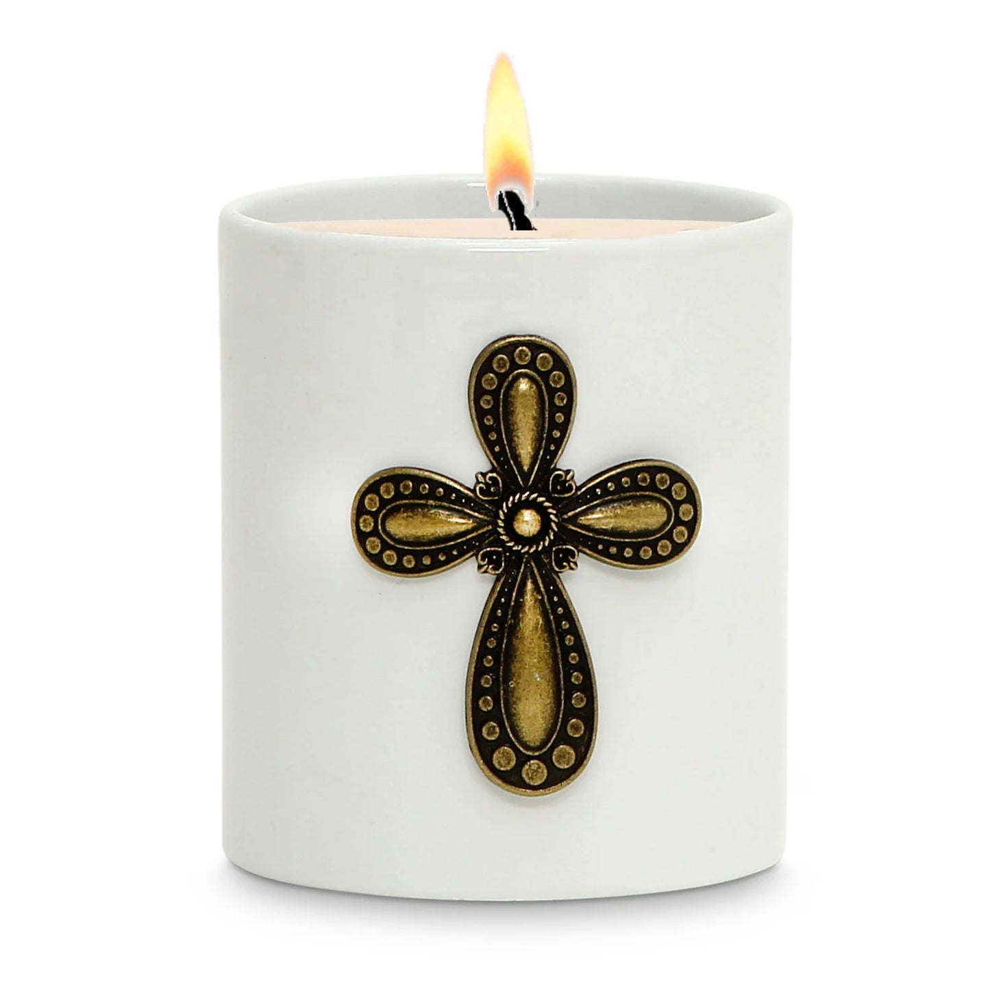 CHRISTIAN CANDLE: Porcelain Soy Wax Candle with Brass Metal Cross Ornament – 11 oz Religious Gift
