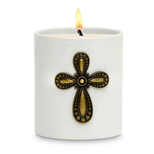 CHRISTIAN CANDLE: Porcelain Soy Wax Candle with Brass Metal Cross Ornament – 11 oz Religious Gift