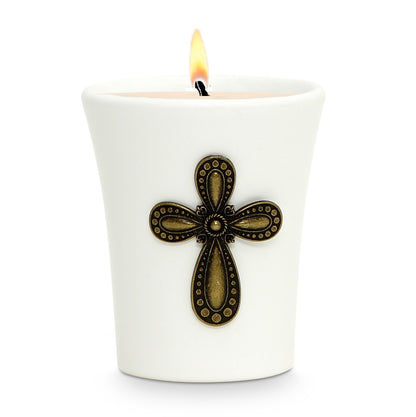 CHRISTIAN CANDLE: Deruta White Ceramic Flared Round Soy Wax Candle – 11 oz Soy Wax Catholic Gift