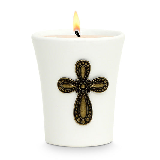 CHRISTIAN CANDLE: Deruta White Ceramic Flared Round Candle – 11 oz Soy Wax Catholic Gift