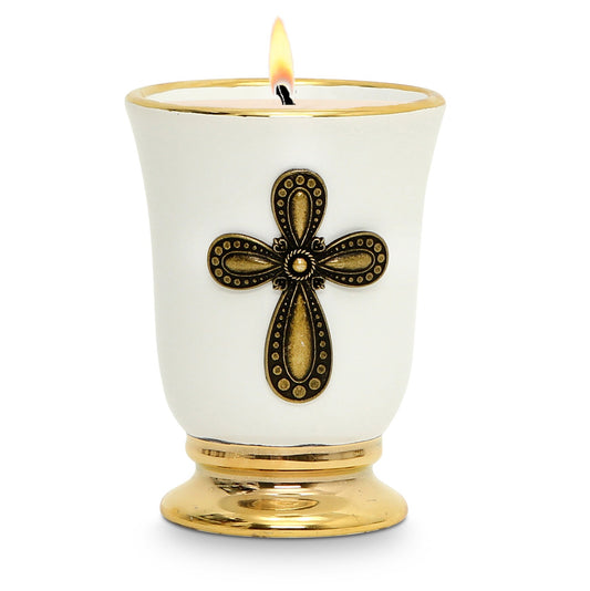 CHRISTIAN CANDLE: Deluxe Ceramic Cup Candle Candle with 24K Gold Rims & Brass Cross – (12 oz Soy Wax)
