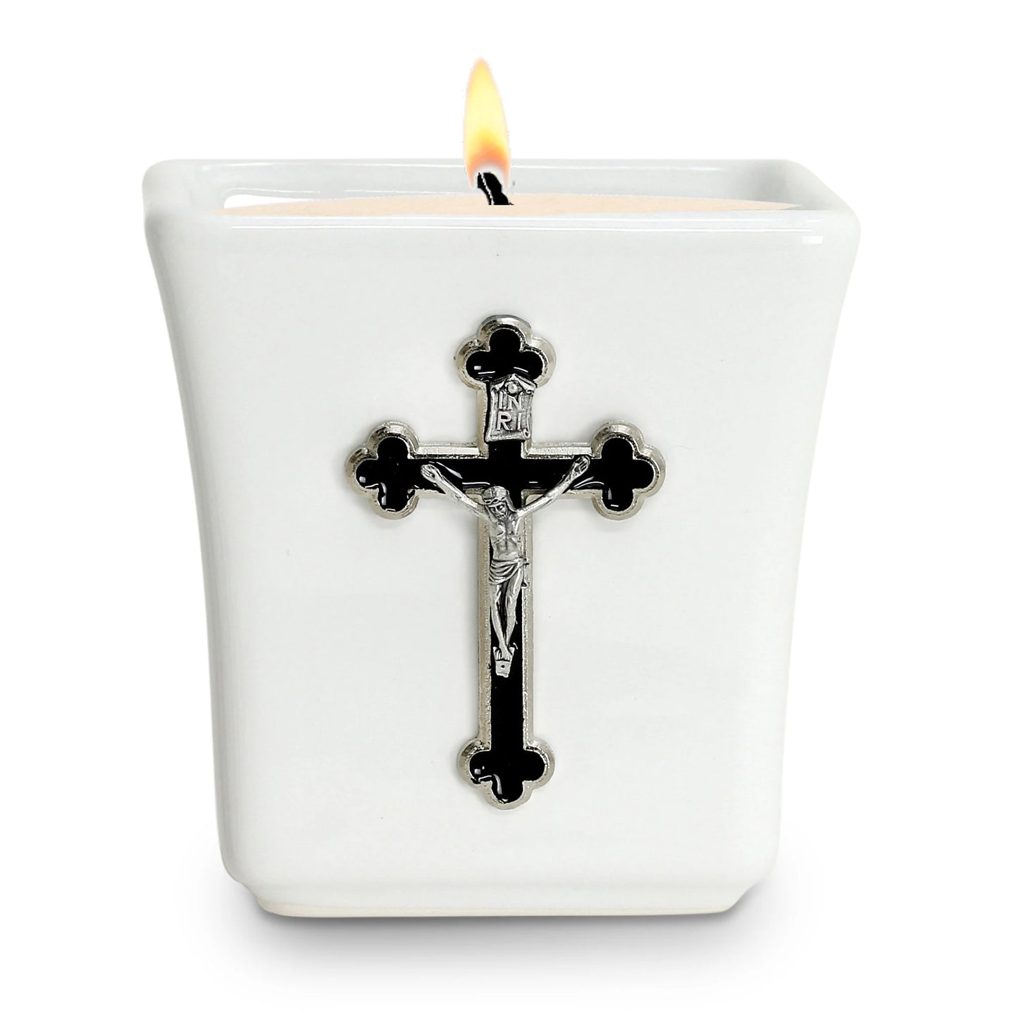 CHRISTIAN CANDLE: Deruta Ceramic Square with  Enameled St. Benedict Crucifix Candle – 14 oz Square Ceramic Soy Wax USA