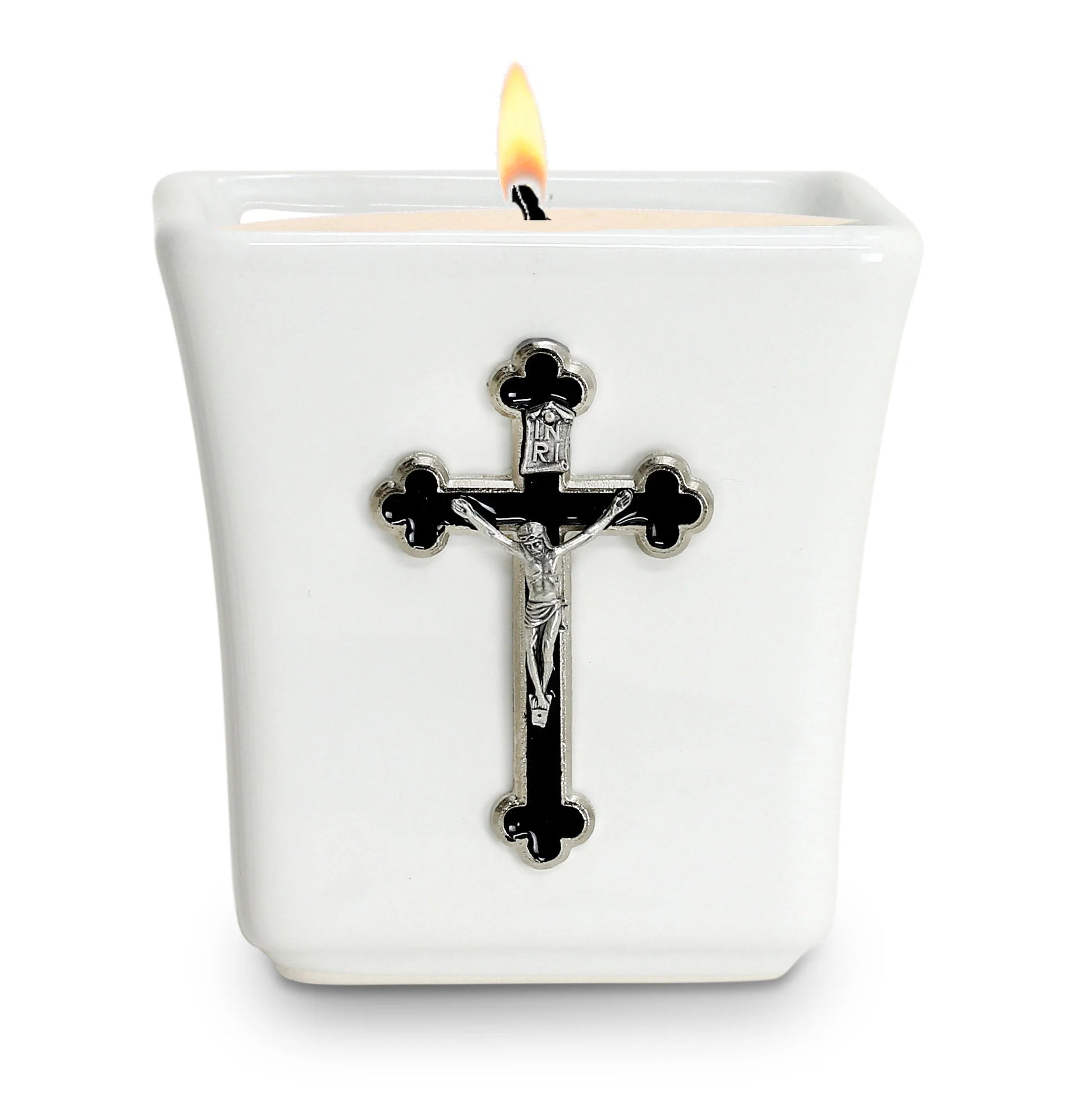 CHRISTIAN CANDLE: Deruta Ceramic Square with  Enameled St. Benedict Crucifix Candle – 14 oz Square Ceramic Soy Wax USA