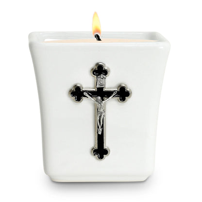 CHRISTIAN CANDLE: Deruta Ceramic Square with  Enameled St. Benedict Crucifix Candle – 14 oz Square Ceramic Soy Wax USA