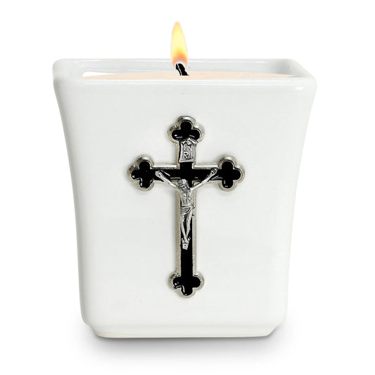CHRISTIAN CANDLE: Deruta Enameled St. Benedict Crucifix Candle – 14 oz Square Ceramic Soy Wax Candle