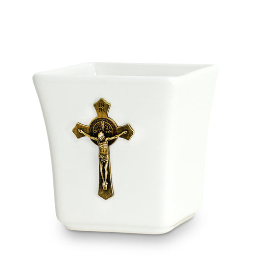 CHRISTIAN CANDLE: Deruta Ceramic Square with Metal Crucifix Ornament (14 oz) – Deruta Italy | Catholic Gift