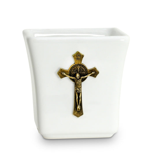 CHRISTIAN CANDLE: Deruta Ceramic Square with Metal Crucifix Ornament (14 oz) – Deruta Italy | Catholic Gift