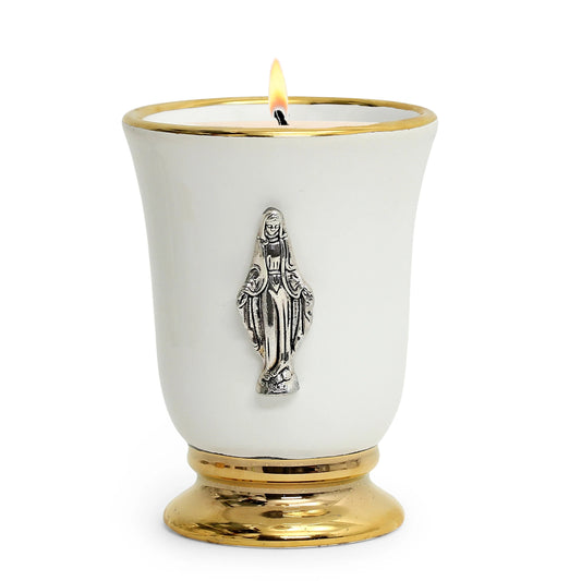 CHRISTIAN CANDLE: Deluxe Ceramic Cup Candle Candle with 24K Gold Rims & Virgin Mary Ornament – (12 oz Soy Wax)