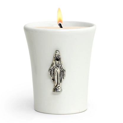 CHRISTIAN CANDLE: Deruta White Ceramic Flared Round Soy Wax Candle with Virgin Mary Ornament (11 oz)
