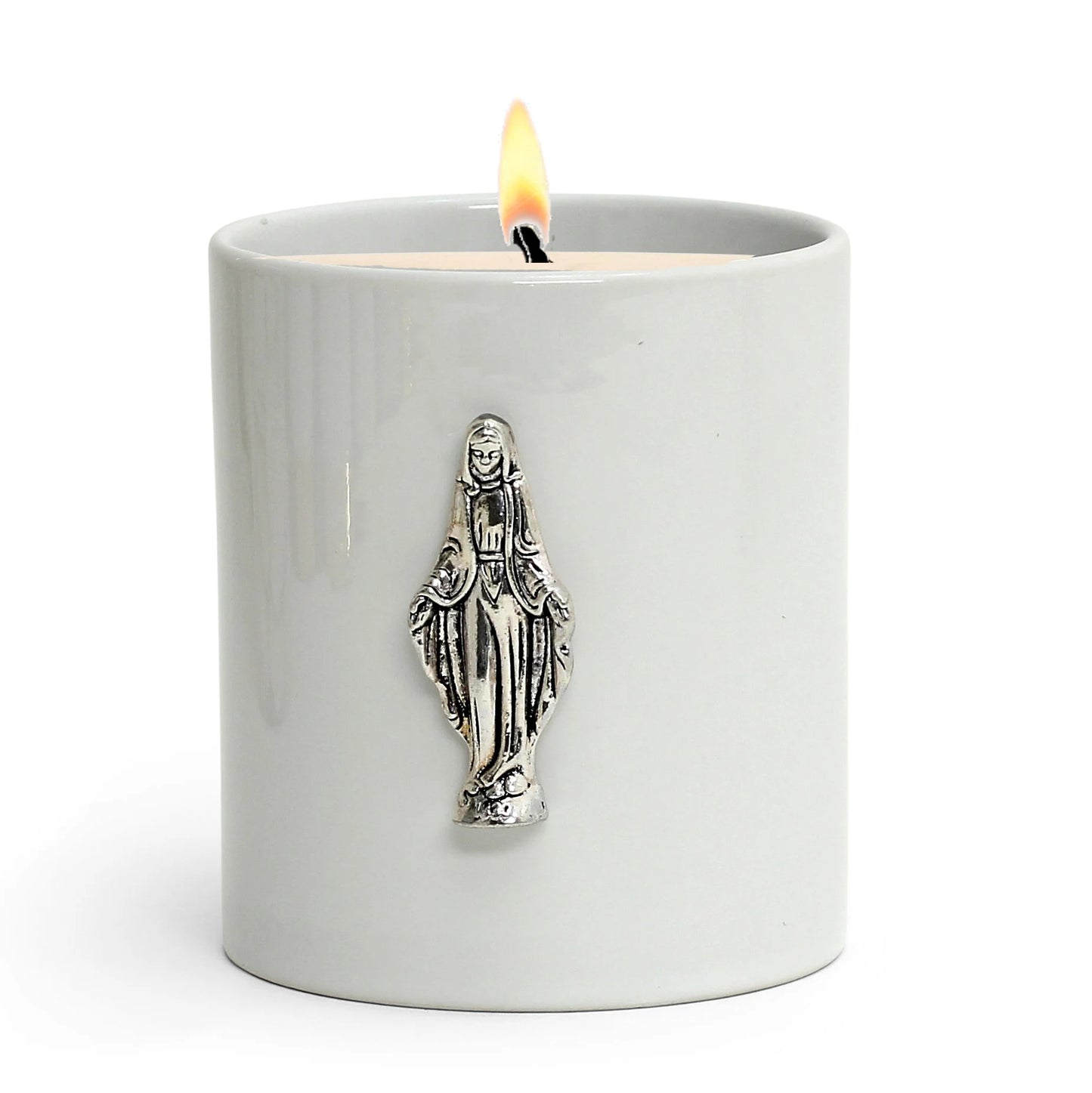 CHRISTIAN CANDLE: Porcelain Virgin Mary Soy Wax Candle (11 oz) – Catholic Gift with Prayer Card