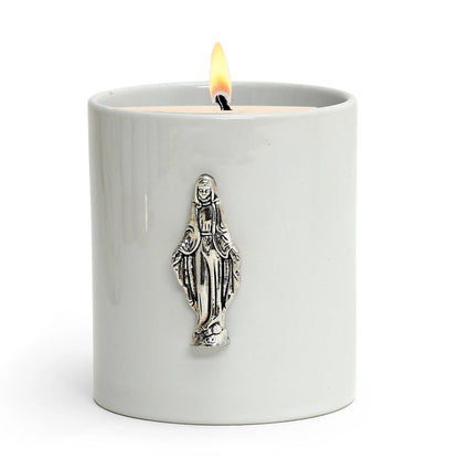 CHRISTIAN CANDLE: Porcelain Virgin Mary Soy Wax Candle (11 oz) – Catholic Gift with Prayer Card