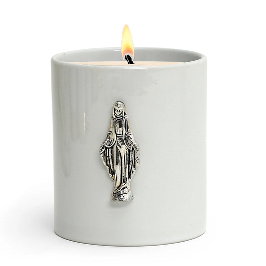 CHRISTIAN CANDLE: Porcelain Virgin Mary Soy Wax Candle (11 oz) – Catholic Gift with Prayer Card