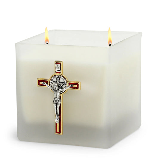 CHRISTIAN CANDLE: Square Frosted Glass Catholic Candle – St. Benedict Gold Deluxe Crucifix with Red Enamel (18 oz)