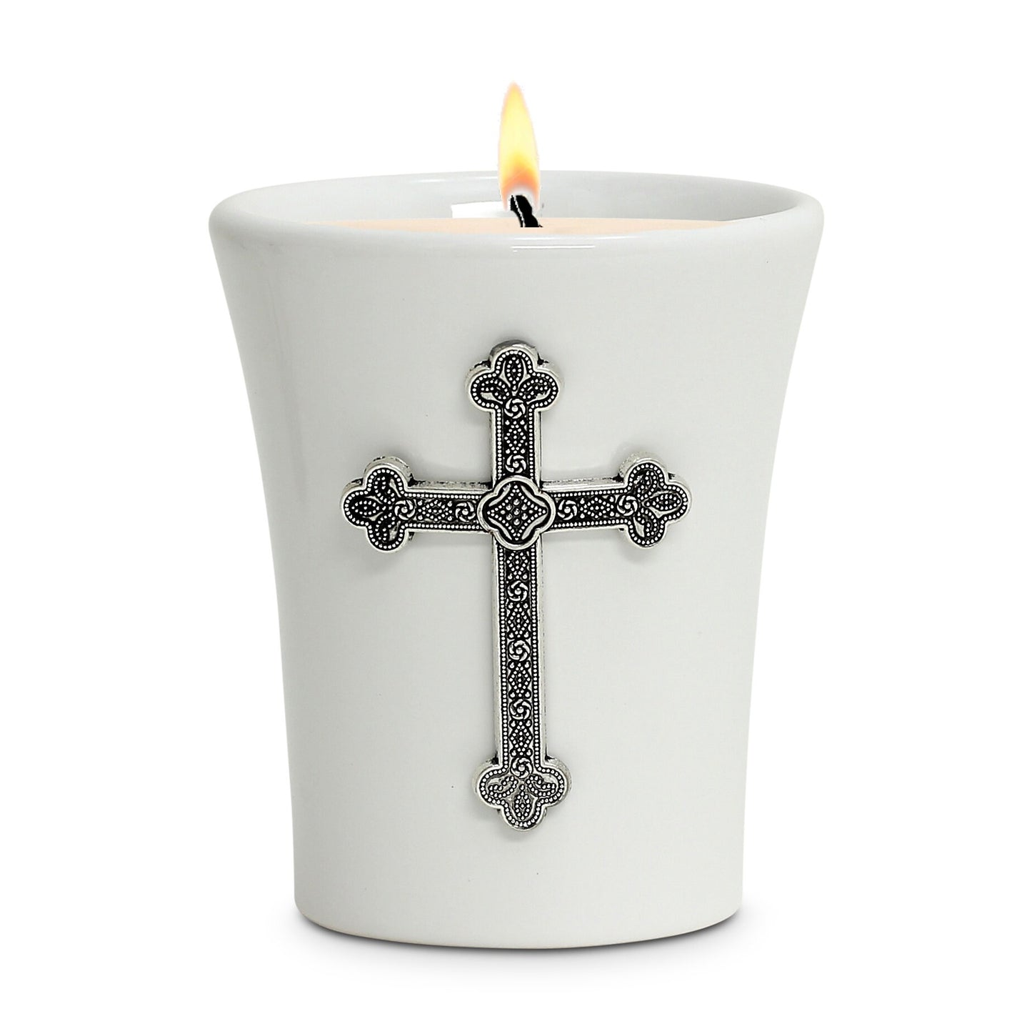 CHRISTIAN CANDLE: Deruta White Ceramic Flared Round Soy Wax Candle with Antique Silver Cross Ornament (14 oz) - USA
