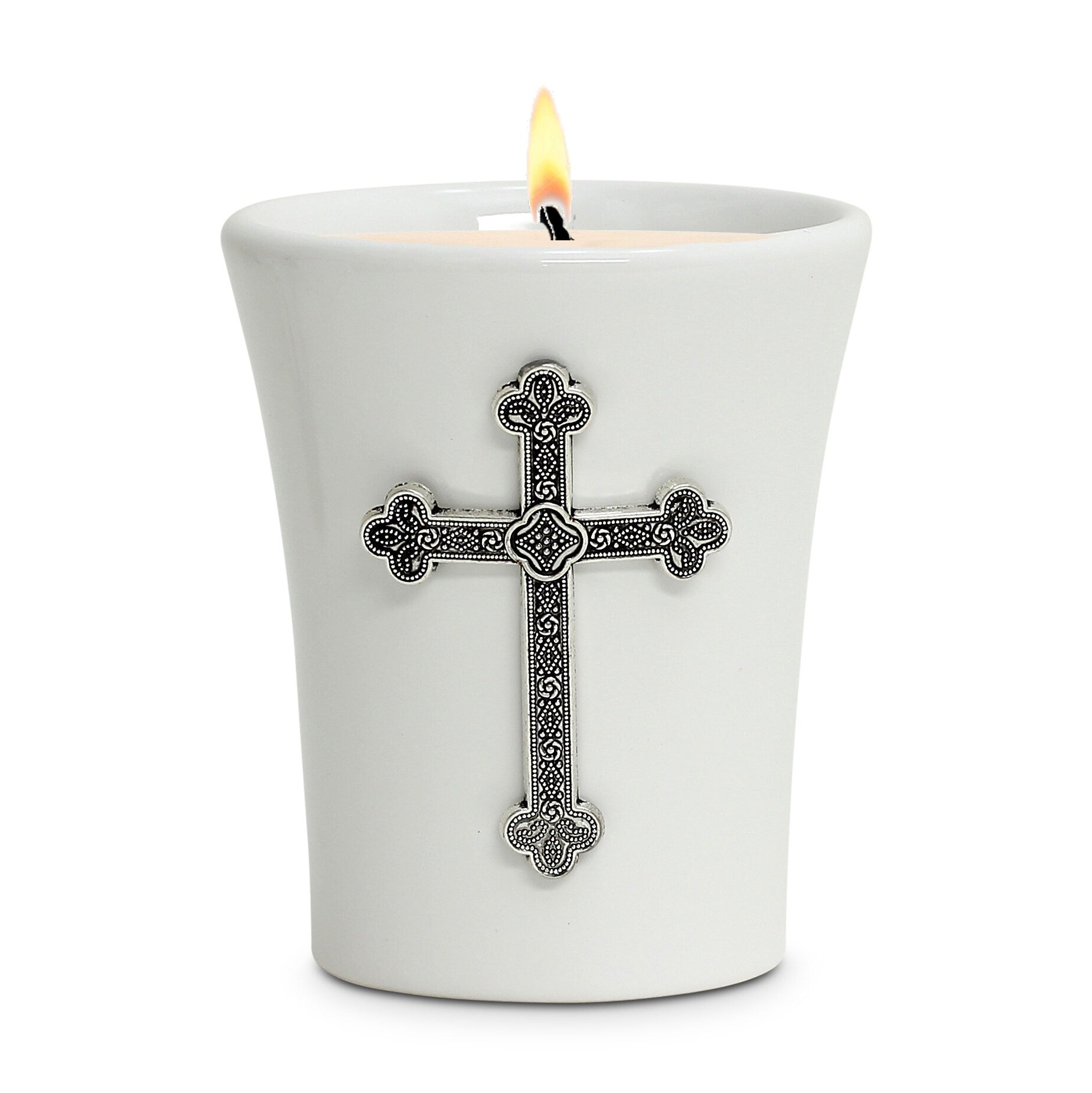 CHRISTIAN CANDLE: Deruta White Ceramic Flared Round Soy Wax Candle with Antique Silver Cross Ornament (14 oz) - USA